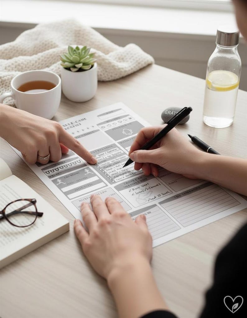 May include: A self-care planner with a checklist is being filled out with a black pen. A cup of tea, a succulent, a water bottle with lemon slices, and a book with glasses are on the table.