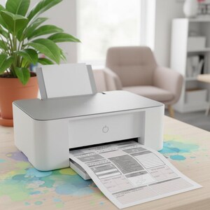 May include: A white and gray printer is printing a document on a wooden desk with colorful paint splatters. A potted plant is to the left of the printer. The document has a grid-like layout with various sections.