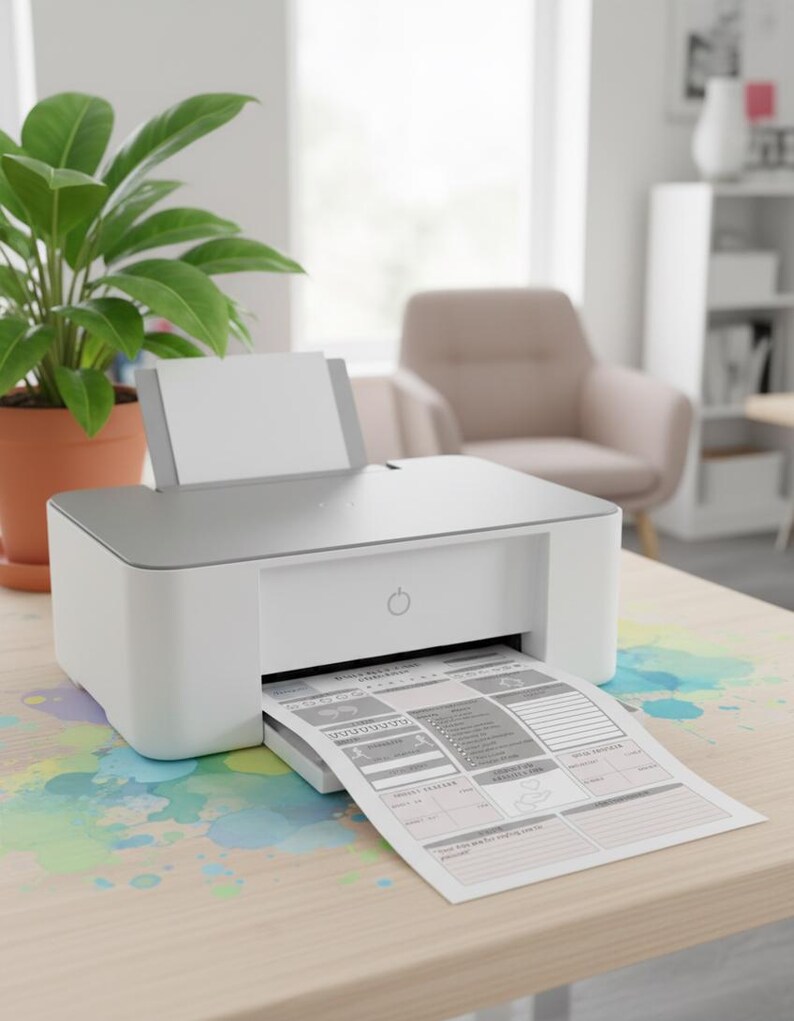 May include: A white and gray printer is printing a document on a wooden desk with colorful paint splatters. A potted plant is to the left of the printer. The document has a grid-like layout with various sections.