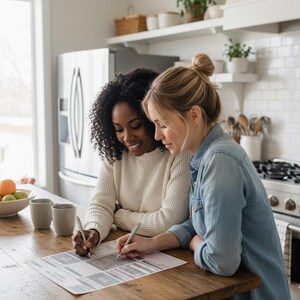 May include: Two people are seated at a wooden countertop, writing on a document with pens. One person wears a cream-colored sweater, and the other wears a denim shirt. The kitchen setting includes a stainless steel refrigerator and white cabinets.