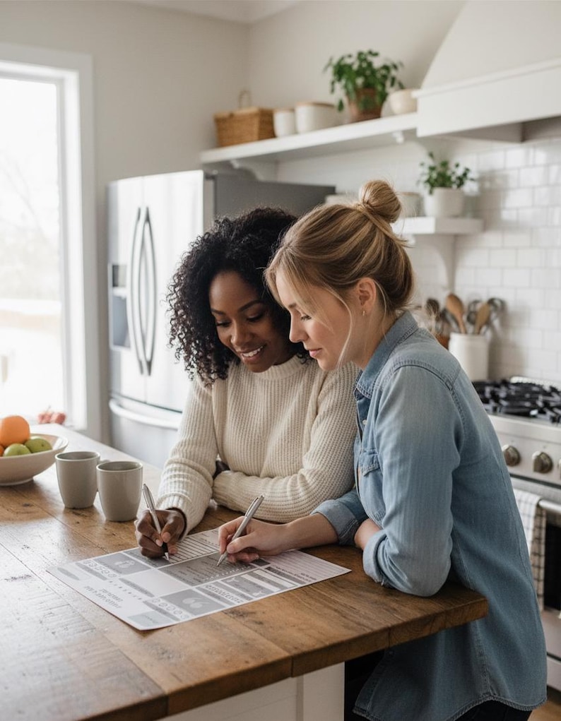 May include: Two people are seated at a wooden countertop, writing on a document with pens. One person wears a cream-colored sweater, and the other wears a denim shirt. The kitchen setting includes a stainless steel refrigerator and white cabinets.