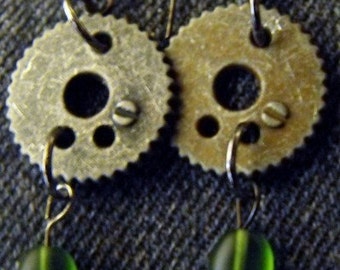 Brass Gear Earrings w/ Green Bead Dangles