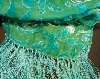 Silk cut velvet scarf blue green with fringe.