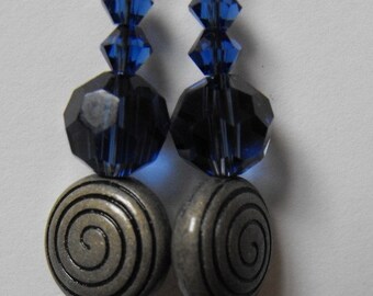 Blue Crystal and Gunmetal Swirl Earrings