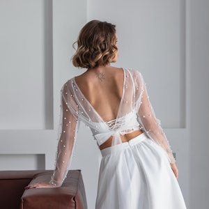 Pearl bolero for wedding, Pearl cover up, Wedding tulle cover, Bridal shrug with sleeves, Bridal topper beaded, Wedding bolero beaded