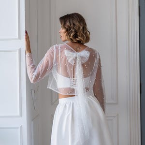 Wedding tulle bolero, Wedding separate top, Pearl wedding topper, Wedding tulle bolero,Bridal topper long sleeve, Bridal crop top