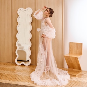 Sheer bridal robe, Long bridal robe with train, Ruffle wedding robe, Tulle bridal robe for getting ready, Fluffy bridal robe, Boudoir robe