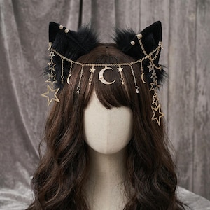 Gothic Faux Fur Fox Ears Headband, Chain Heart Cosplay, Witch Aesthetic, Halloween Headpiece, Festival Headband