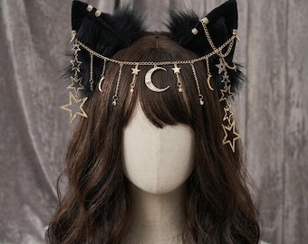 Gothic Faux Fur Fox Ears Headband, Chain Heart Cosplay, Witch Aesthetic, Halloween Headpiece, Festival Headband