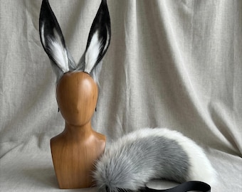 Realistische Hasenohren und Schwanz Set, ArknightsOperator Style Kaninchen Cosplay Zubehör, Lange Hasenohren Stirnband