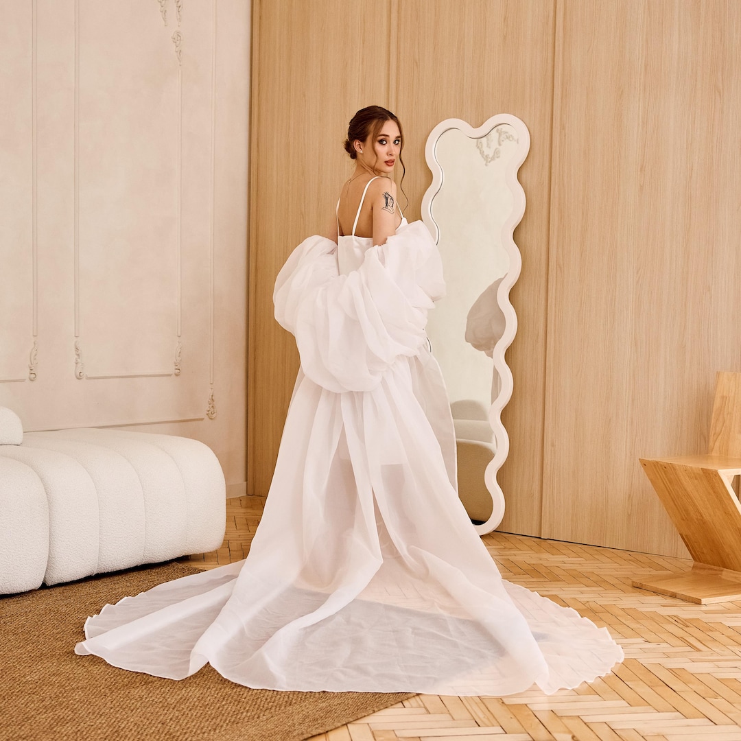 Dramatic Puff Sleeve Bridal Cape – Detachable Satin Train Wrap for Wedding Dress main image 0
