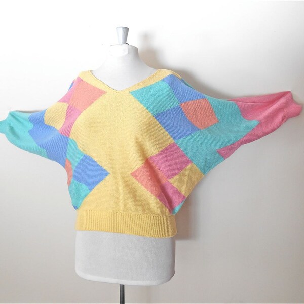 Vintage 80s Batwing Sweater Top - Color Block - Argyle - Acrylic Blend