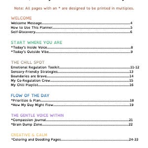 Pu&ograve; includere: Una pagina bianca con un "Sommario" da un pianificatore e un quaderno di lavoro. Il documento &egrave; progettato per menti neurodivergenti e presenta sezioni come "Benvenuto", "The Chill Spot" e "Flow of the Day". Sono inclusi i numeri di pagina.