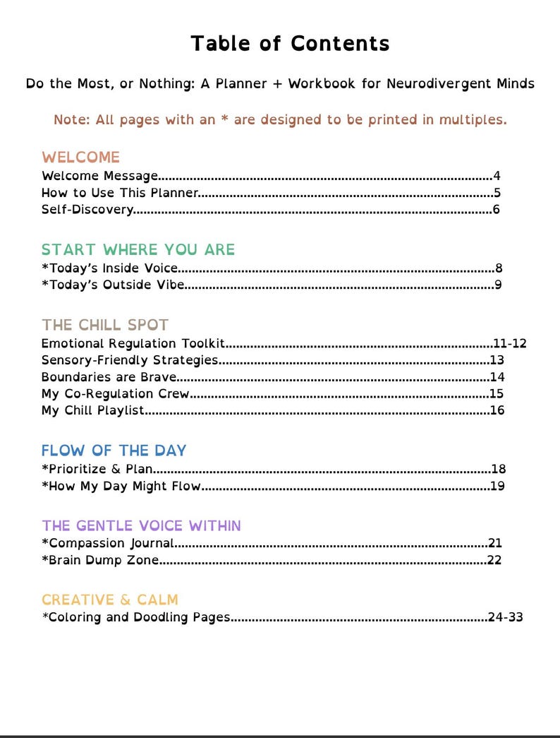 Pu&ograve; includere: Una pagina bianca con un "Sommario" da un pianificatore e un quaderno di lavoro. Il documento &egrave; progettato per menti neurodivergenti e presenta sezioni come "Benvenuto", "The Chill Spot" e "Flow of the Day". Sono inclusi i numeri di pagina.