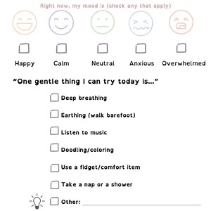 Pu&ograve; includere: Un foglio di carta bianco con il titolo "Today's Inside Voice" e suggerimenti per controllare l'umore attuale ed elencare attivit&agrave; delicate. Include caselle di controllo per stati d'animo come felice, calmo e ansioso.