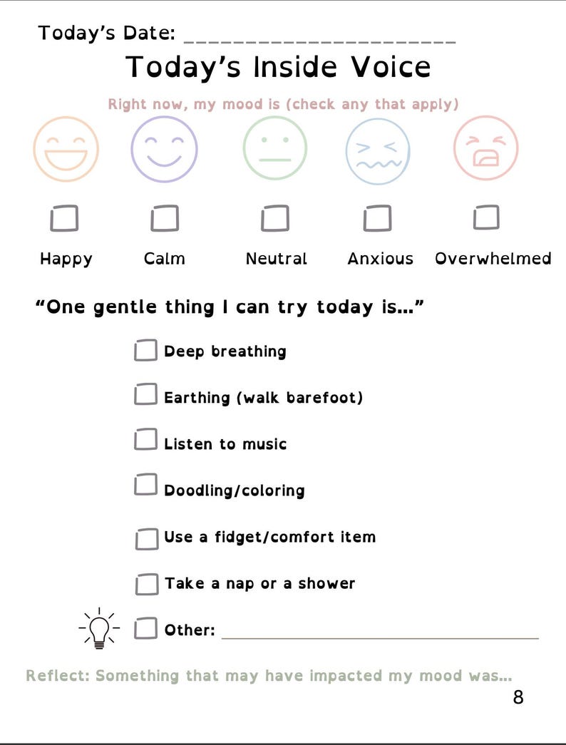 Pu&ograve; includere: Un foglio di carta bianco con il titolo "Today's Inside Voice" e suggerimenti per controllare l'umore attuale ed elencare attivit&agrave; delicate. Include caselle di controllo per stati d'animo come felice, calmo e ansioso.