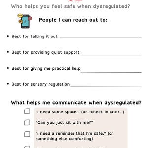 Pu&ograve; includere: Un foglio di lavoro bianco e rosa intitolato "My Co-Regulation Crew", progettato per identificare i sistemi di supporto e le strategie di comunicazione. Include un cuore e un cervello dei cartoni animati, una grafica per smartphone e caselle di controllo.