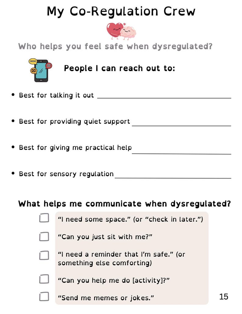 Pu&ograve; includere: Un foglio di lavoro bianco e rosa intitolato "My Co-Regulation Crew", progettato per identificare i sistemi di supporto e le strategie di comunicazione. Include un cuore e un cervello dei cartoni animati, una grafica per smartphone e caselle di controllo.
