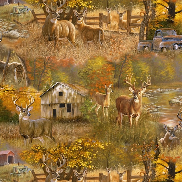 David Textiles Beautiful Deer Print, White Tails and Truck, Fall Farm Scene, Covered Bridge, Old Truck, Stream, Barn