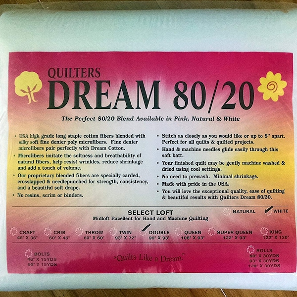 Quilters Dream 80/20 Double Size 96” x 93” White, Select Loft, Mid-Loft Batting