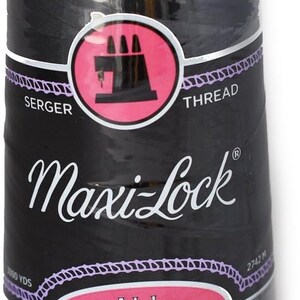 May include: A spool of black Maxi-Lock serger thread. The spool is labeled "All Purpose Spun Polyester" and has a pink and black label with a sewing machine graphic. The spool is 2742 meters long.
