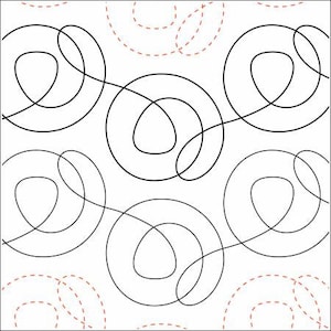 May include: A repeating pattern of black, continuous lines forming abstract shapes on a white background. Dashed red lines are in the corners. The design is suitable for quilting or fabric printing.