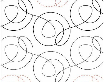 May include: A repeating pattern of black, continuous lines forming abstract shapes on a white background. Dashed red lines are in the corners. The design is suitable for quilting or fabric printing.