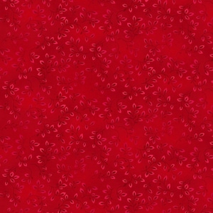 May include: Red fabric with a repeating pattern of small, dark gray leaves.