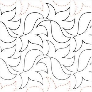 May include: A repeating pattern of stylized black floral shapes on a white background. The design includes curved lines and a few dashed red lines, creating a dynamic and flowing visual effect. This pattern is suitable for quilting or fabric design.