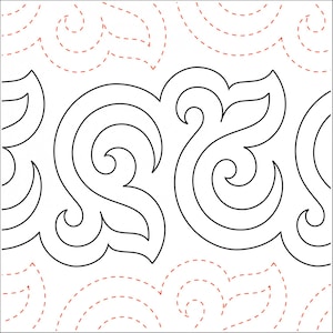 May include: A white background features a repeating pattern of black, stylized, swirling floral designs. The design includes solid black lines and red dashed lines, creating a layered effect. The overall aesthetic is reminiscent of quilting or embroidery.