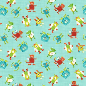 May include: A teal blue background with a repeating pattern of colorful cartoon monsters wearing lab coats and holding clipboards. The monsters have different colors, shapes, and features, including green, red, blue, and orange.