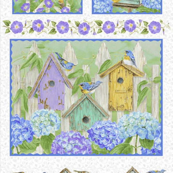 Henry Glass, Hydrangea Birdsong Panel #1755P-17, Birds and Birdhouses