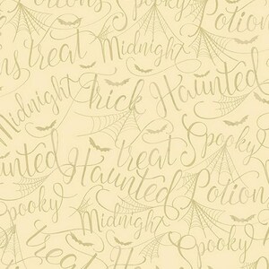 May include: A seamless pattern featuring a light yellow background with a repeating pattern of gold script text that says "Spooky", "Treat", "Haunted", "Midnight", "Trick", and "Potion". The text is overlaid with a pattern of gold spiderwebs.