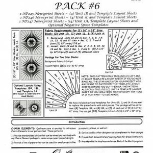 May include: Charm Elements Pack #6 quilting pattern instructions with a black and white star block design. The pattern includes templates for creating a 16-inch by 18-inch star block.