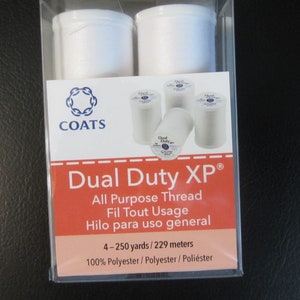 May include: A package of white Coats Dual Duty XP all-purpose thread. The package includes four spools of thread, each containing 250 yards (229 meters) of 100% polyester thread. The packaging features the Coats logo and product information.