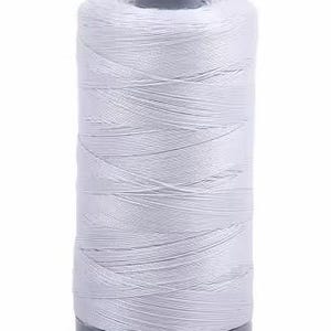 May include: A spool of white thread, tightly wound and cylindrical, with a gray plastic base and top. The thread is smooth and appears to be a light, neutral color, suitable for various sewing projects. The spool is shown against a white background.