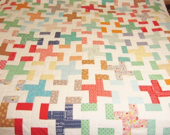 Jacks, Colorful Finished Quilt, Handmade Bed Quilt 72 x 80