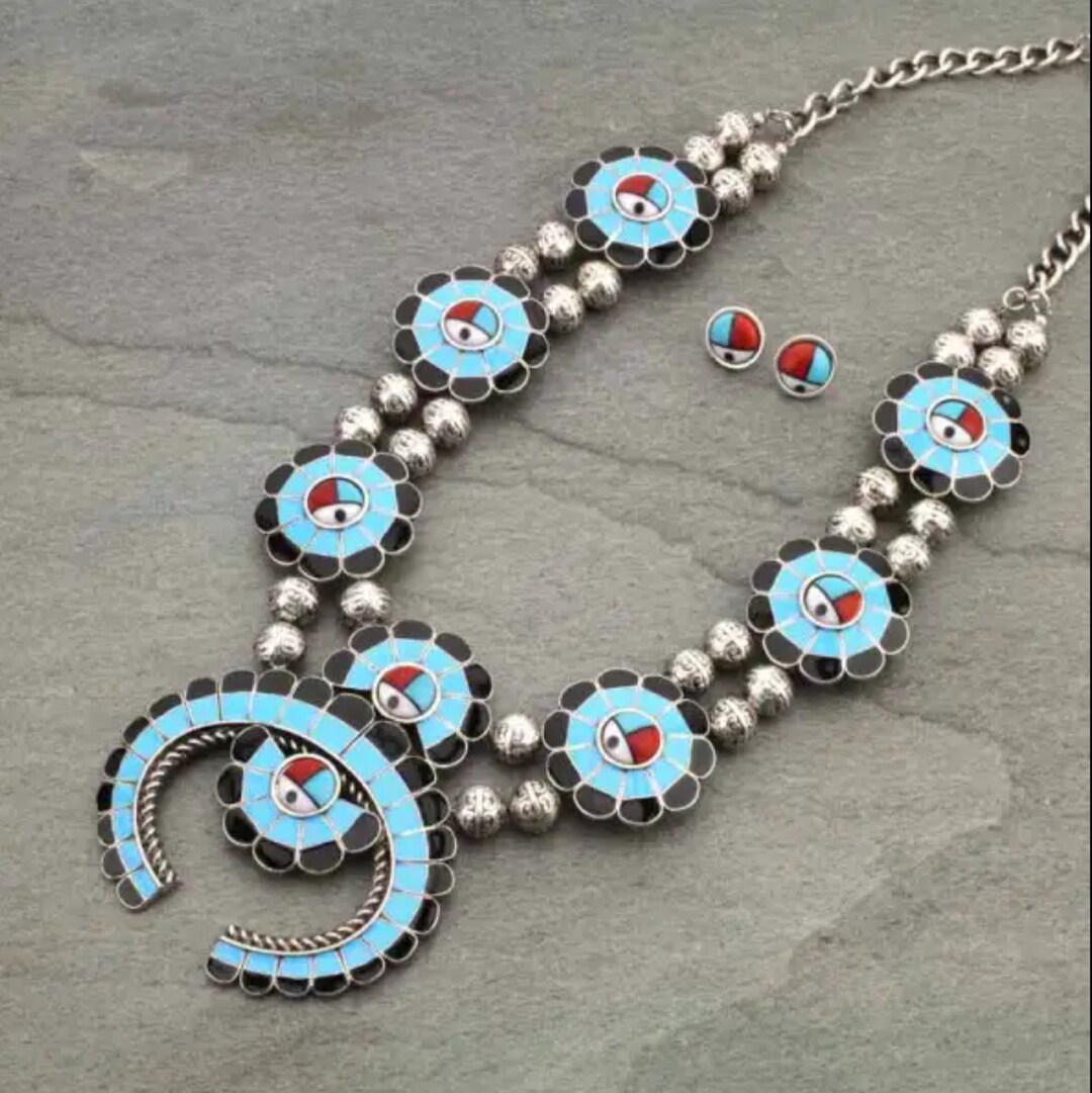 Thomas Francisco Double-Strand Turquoise Squash Blossom & Earrings Set main image 0