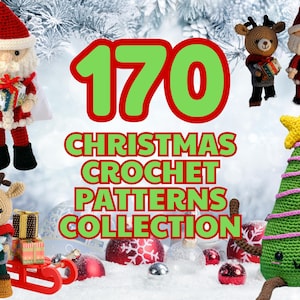 Op de afbeelding: Een afbeelding met een verzameling van 170 kersthaakpatronen. De scène toont gehaakte figuren van de kerstman, rendieren en een kerstboom, tegen een besneeuwde achtergrond. De tekst luidt "Christmas Crochet Patterns Collection".