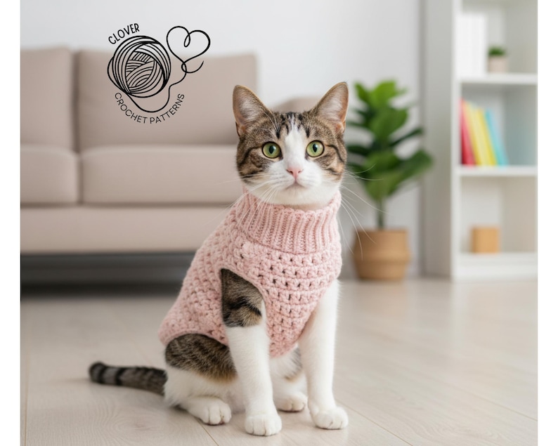 May include: A tabby cat wearing a light pink, hand-crocheted sweater with a turtleneck collar. The sweater has a textured stitch pattern. The image includes the text "CLOVER CROCHET PATTERNS" with a yarn ball and heart logo.