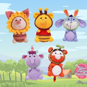 5 In 1 bear pooh, piglet, donkey and tigger crochet pattern, pooh teddy tiger toy, amigurumi toys, pig pattern english, donkey crochet