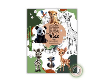 May include: A children's coloring book cover featuring a variety of animals, including a panda, lion cub, zebra, ostrich, and deer. The book's title, "Coloring Story Book for Kids," is displayed prominently, with a green and white background.