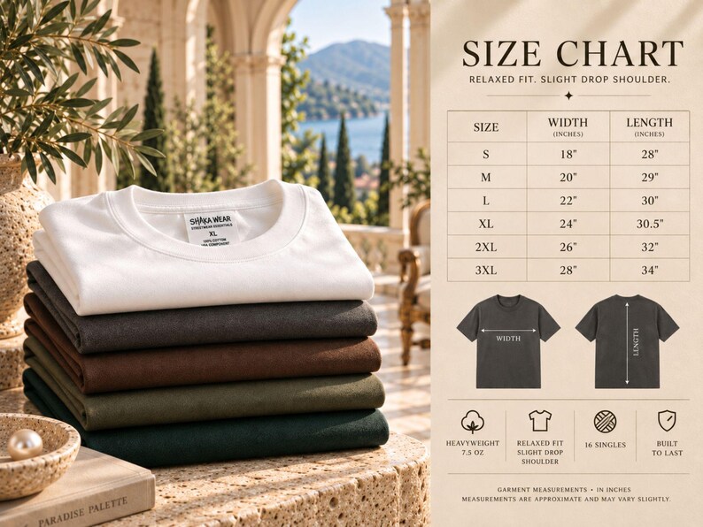 May include: A stack of five folded t-shirts in white, charcoal, brown, olive, and dark green. Next to the shirts is a size chart with columns for size, width in inches, and length in inches, plus icons for heavyweight 7.5 oz fabric and relaxed fit.