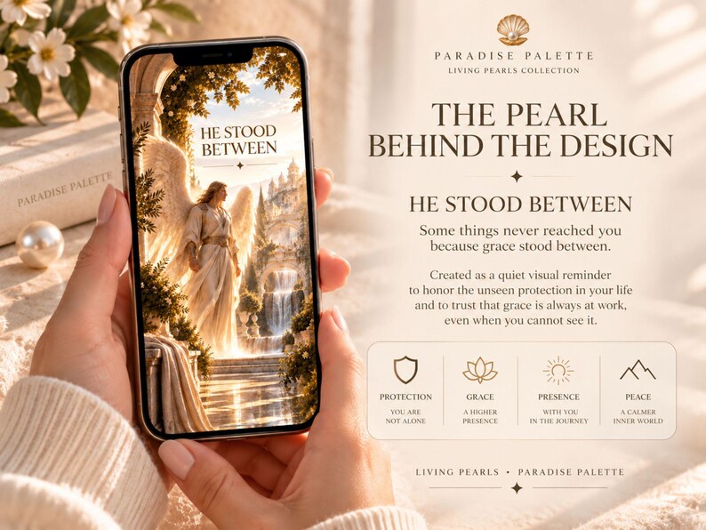 May include: A smartphone displaying an illustration of an angel with wings standing in a stone archway with the text HE STOOD BETWEEN. Beside the phone, text reads THE PEARL BEHIND THE DESIGN, HE STOOD BETWEEN, and icons for PROTECTION, GRACE, PRESENCE, and PEACE.
