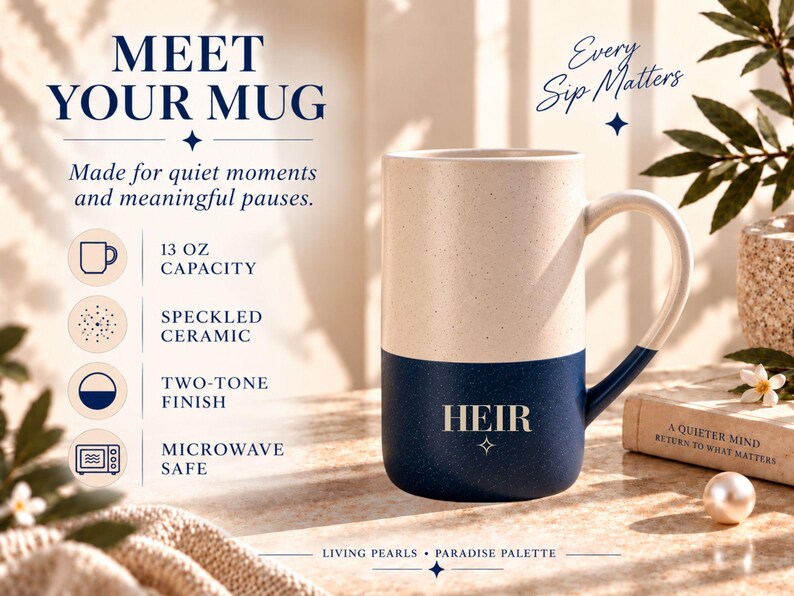 Peut inclure: Un mug en c&eacute;ramique mouchet&eacute;e bicolore d'une capacit&eacute; de 384 ml. La partie sup&eacute;rieure est cr&egrave;me et la partie inf&eacute;rieure est bleu marine avec le mot HEIR imprim&eacute; en blanc. Le texte inclut MEET YOUR MUG, Every Sip Matters et Made for quiet moments.