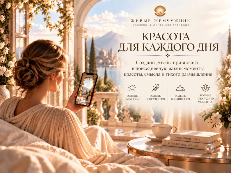 May include: A digital advertisement featuring a smartphone displaying a scenic landscape, with Russian text including "ЖИВЫЕ ЖЕМЧУЖИНЫ" and "КРАСОТА ДЛЯ КАЖДОГО ДНЯ," set against a backdrop of a sunlit balcony overlooking a lake, mountains, and white flowers.