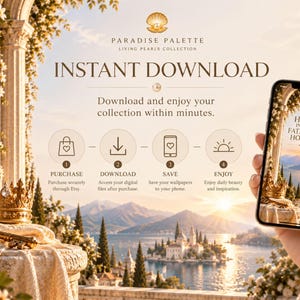 May include: A digital download guide for the Paradise Palette Living Pearls Collection. The graphic features a gold crown, a key, and a smartphone displaying a scenic landscape with the text Heir in His Father's House and instructions.