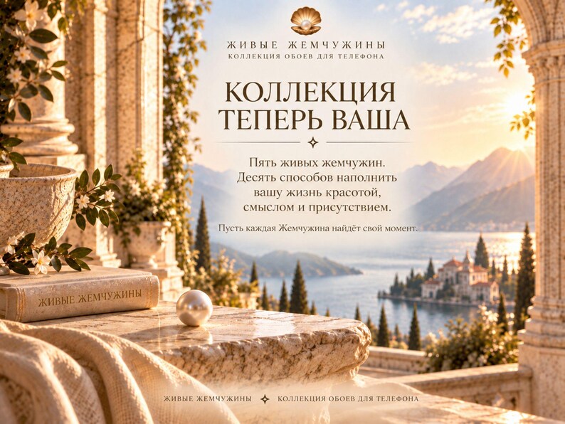 May include: A digital graphic featuring a single white pearl resting on a marble surface next to a book titled Zhivye Zhemchuzhiny. The background shows a scenic coastal landscape with mountains and a villa, overlaid with Russian text about a pearl collection.