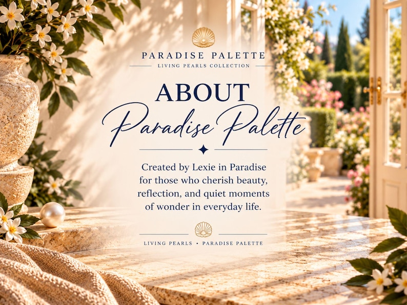 Peut inclure: Un affichage graphique pr&eacute;sentant le texte Paradise Palette Living Pearls Collection About Paradise Palette Created by Lexie in Paradise for those who cherish beauty, reflection, and quiet moments of wonder in everyday life.