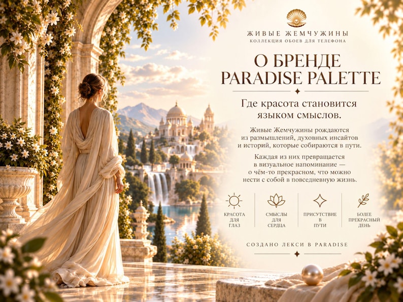 May include: A digital graphic featuring a person in a flowing cream gown standing on a terrace overlooking a waterfall and palace. The text includes "ЖИВЫЕ ЖЕМЧУЖИНЫ", "PARADISE PALETTE", and "СОЗДАНО ЛЕКСИ В PARADISE" alongside icons representing beauty, heart, presence, and day.